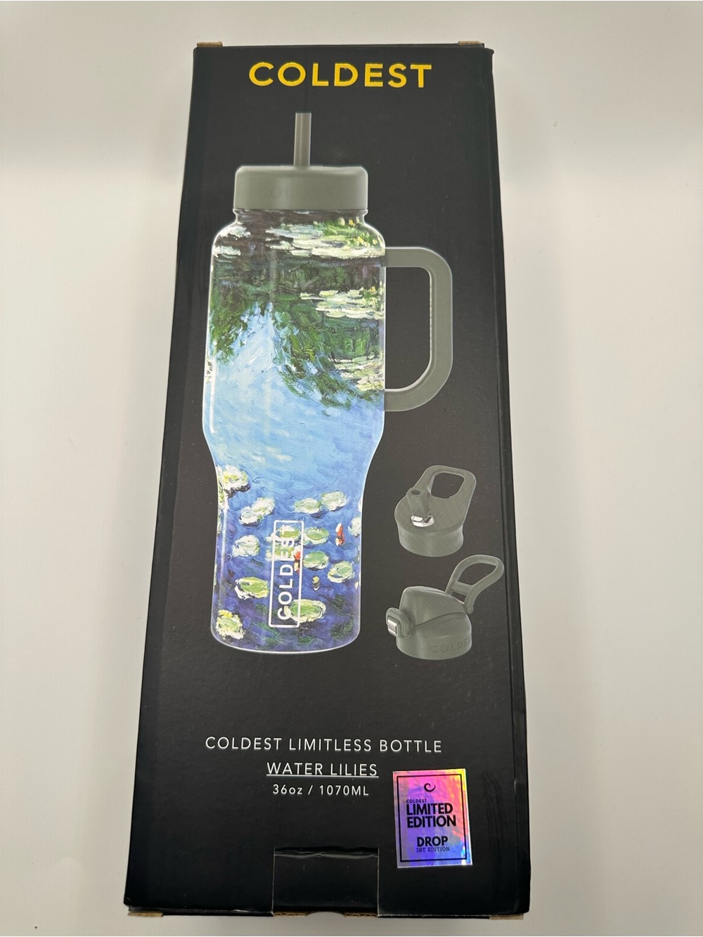 Coldest36 oz Green-Handled Water Lilies Travel Bottle